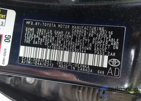 2016 Toyota Corolla Le из США, поврежденный, VIN 2T1BURHE3GC690344